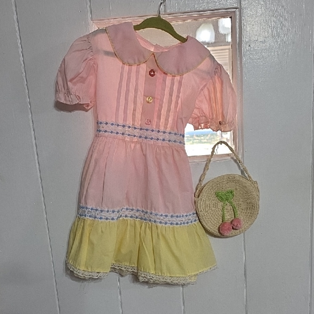 VTG Rachelle‎ Girl's Dress Pink Yellow Blue Lace Trim W/Cherry Straw Purse Sz 4?